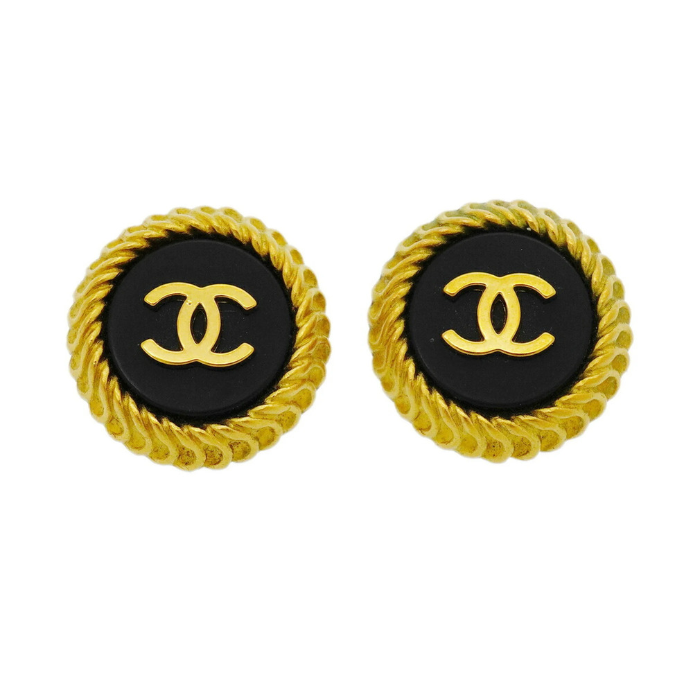 Chanel Earrings, Coco Mark Circle, GP Plated, Gold, Black, Women's